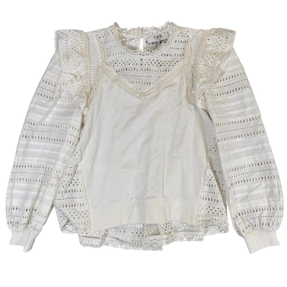 NWT Sea New York L/SLV Combo Eyelet Lace Sweatshirt Cream PF21-18171 Medium